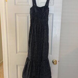 J. Crew Long Ruffled Polka Dot 100% Cotton Navy Blue and White Dress  Size Small